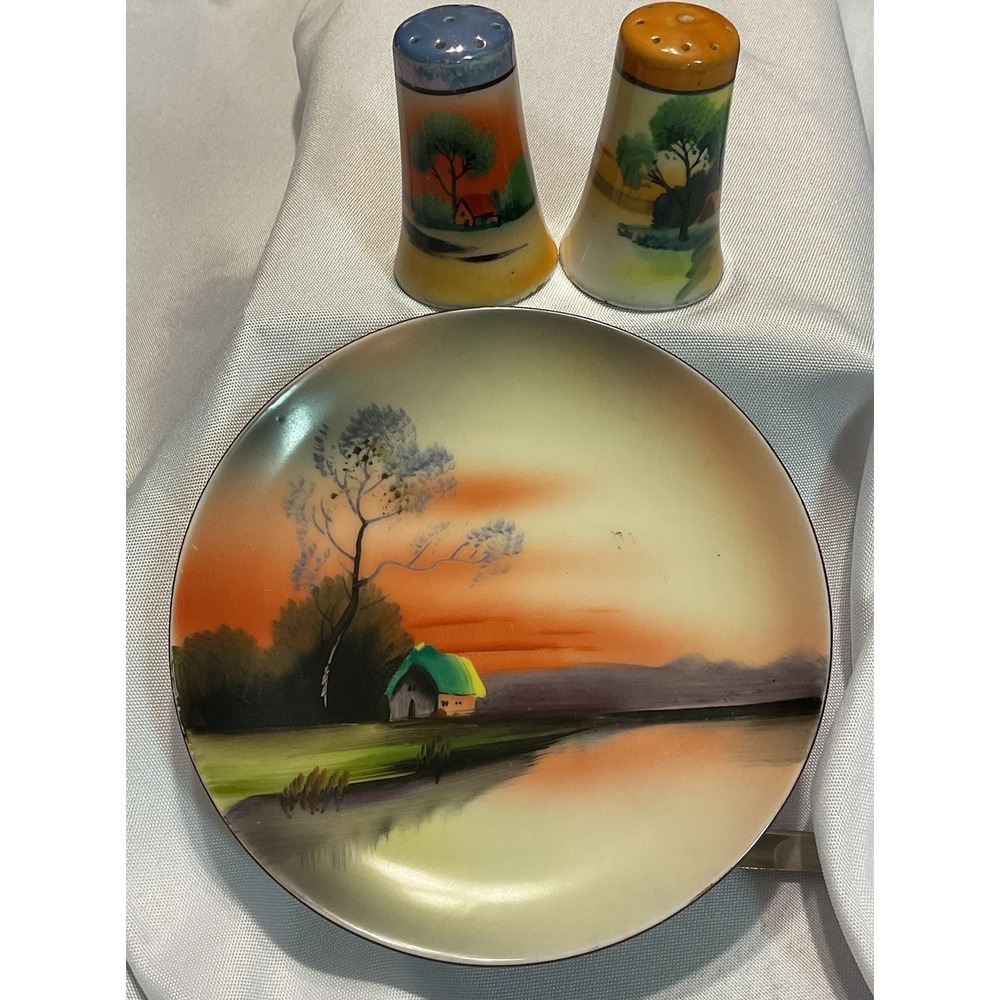 VINTAGE NORITAKE TREE IN THE MEADOW Dessert Plate Salt Pepper Shaker Set of 3